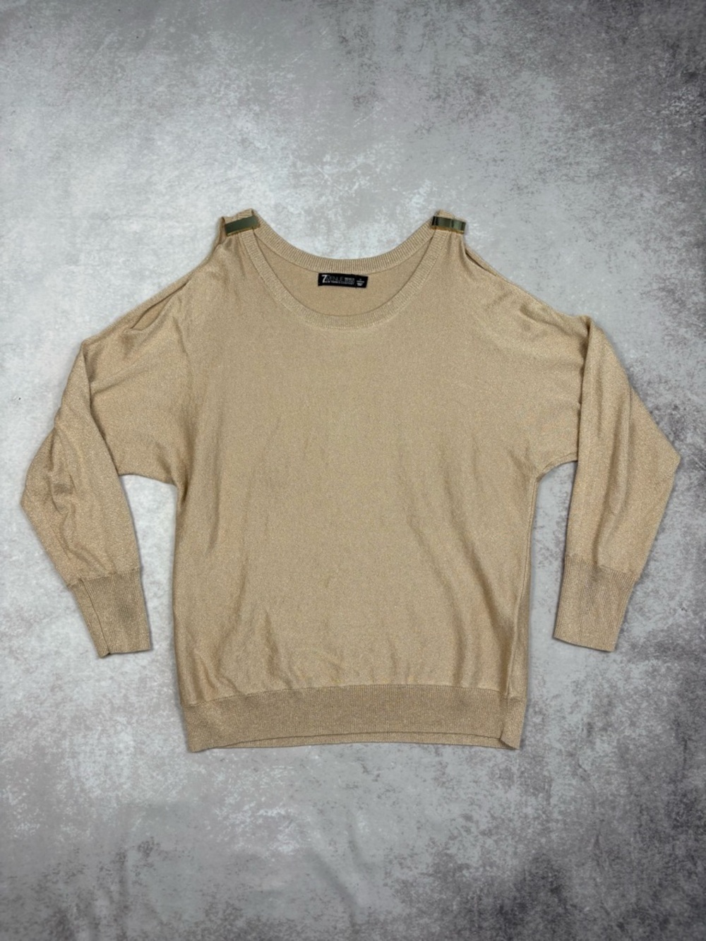 7th Avenue NY&Co Beige Knit Sweater Gold Shoulder Detail Top